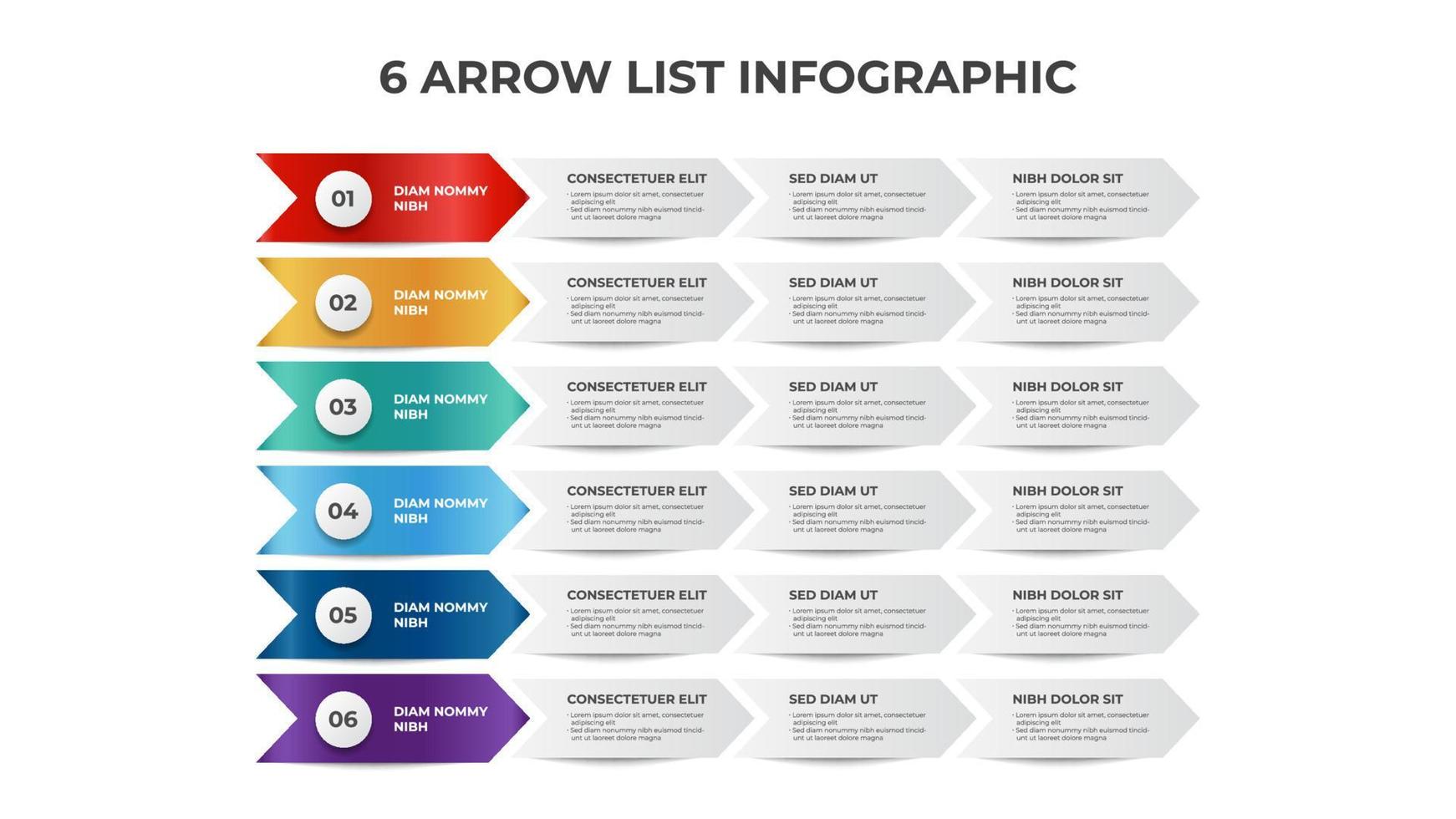 6 points of process arrow, list diagram for presentation, infographic element template vector