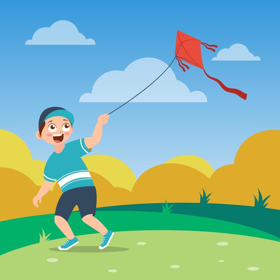 happy boy with green shirt and cap playing kite on the field, cartoon vector illustration