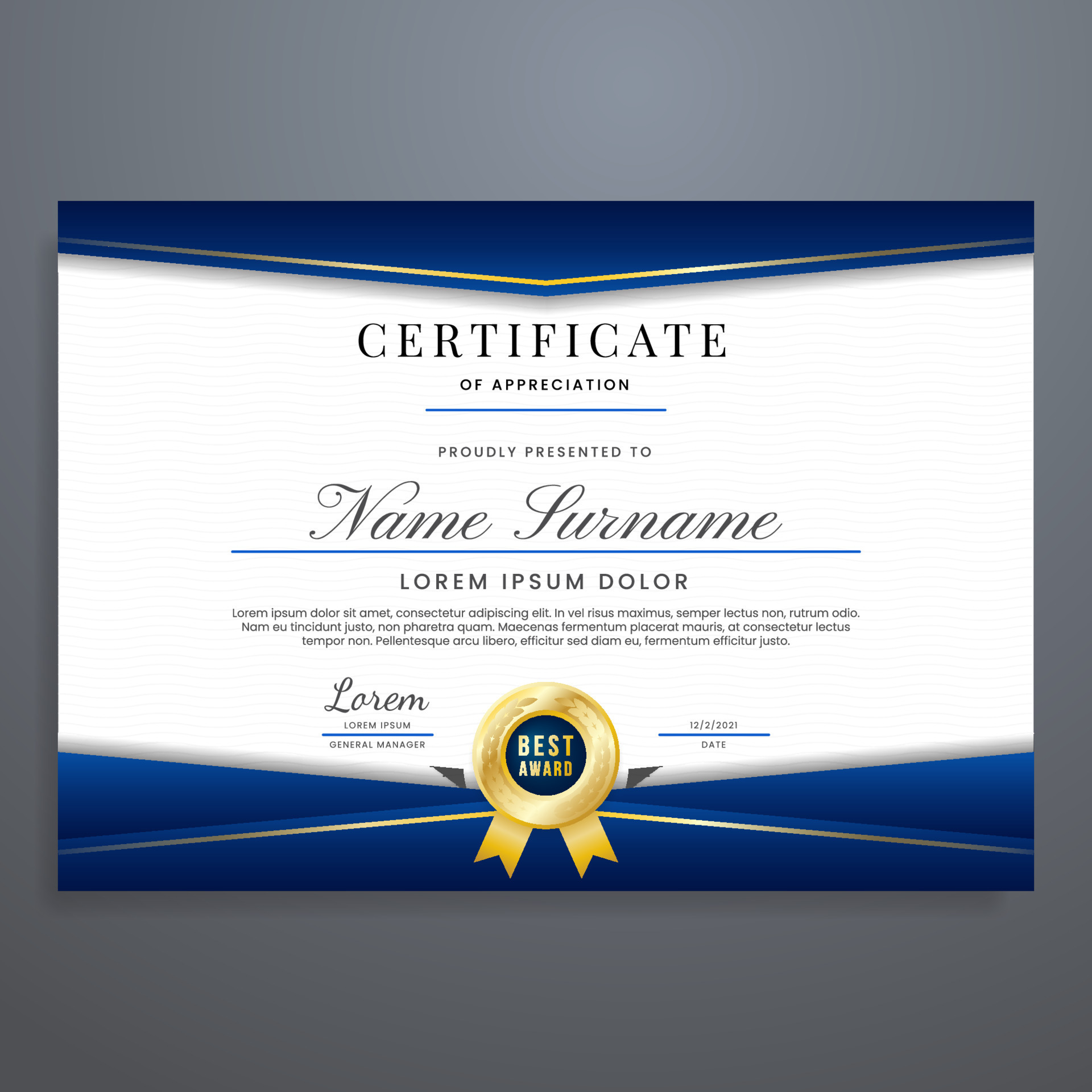 Multipurpose certificate design template with blue and gold colors