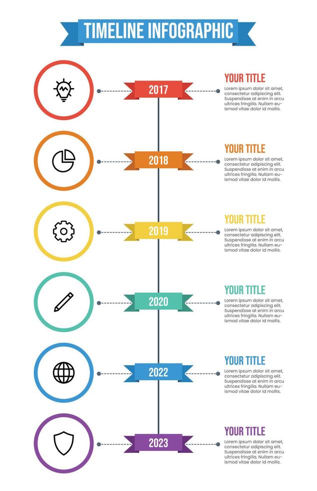 visualización de datos, vector de plantilla de infografía de línea de tiempo vertical con 6 puntos de años, títulos, descripciones e iconos. plantilla de hitos de la empresa comercial. reporte anual.