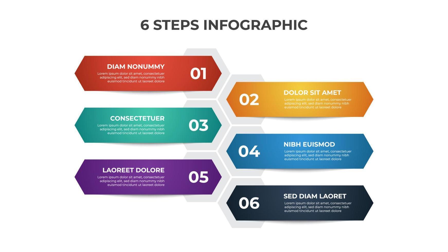 coloridos 6 puntos de pasos, con diagrama de diseño de lista hexagonal, plantilla de elemento infográfico vector