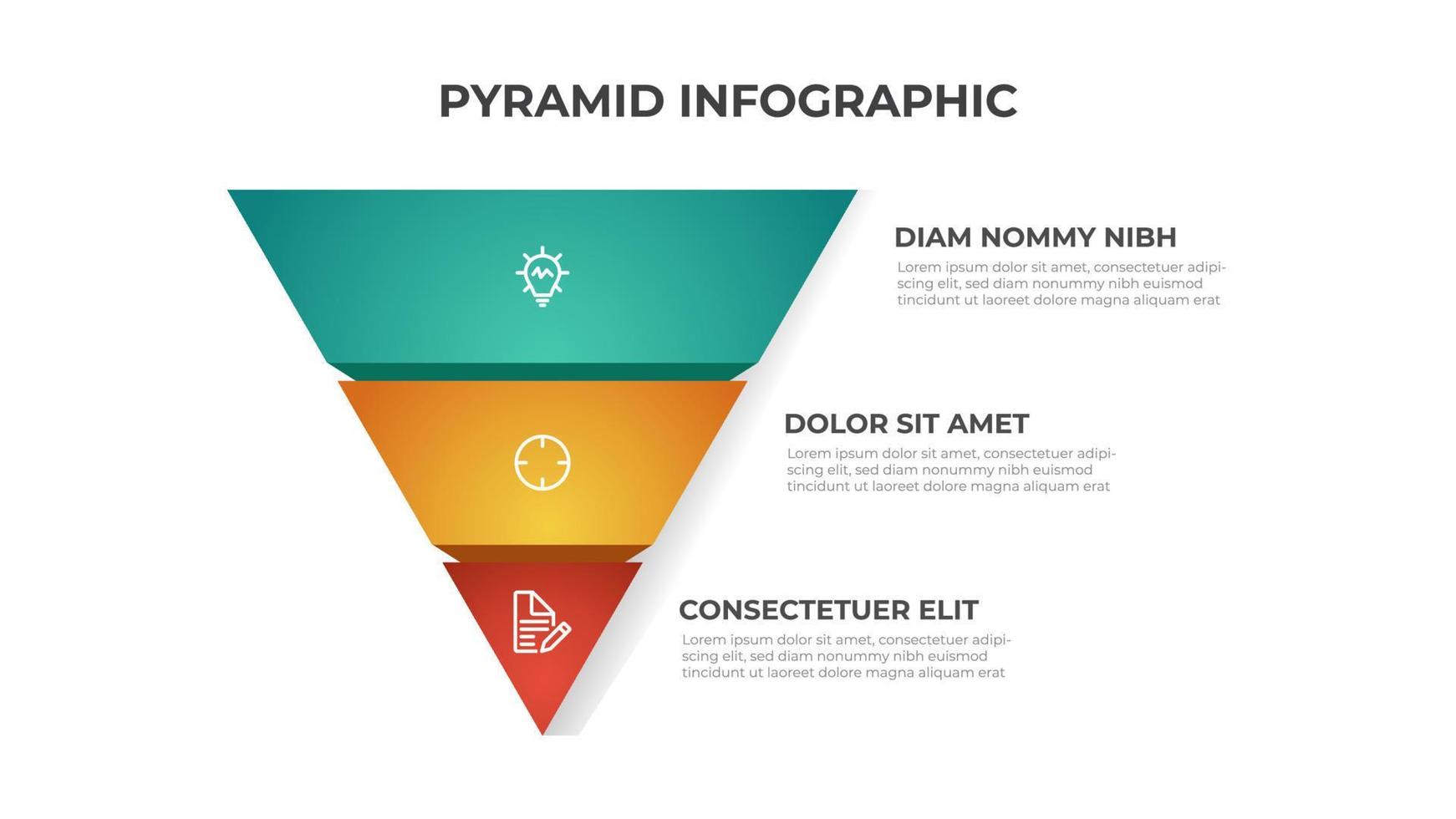 3 points of pyramid list diagram, infographic element template vector, segmented triangle level layout vector