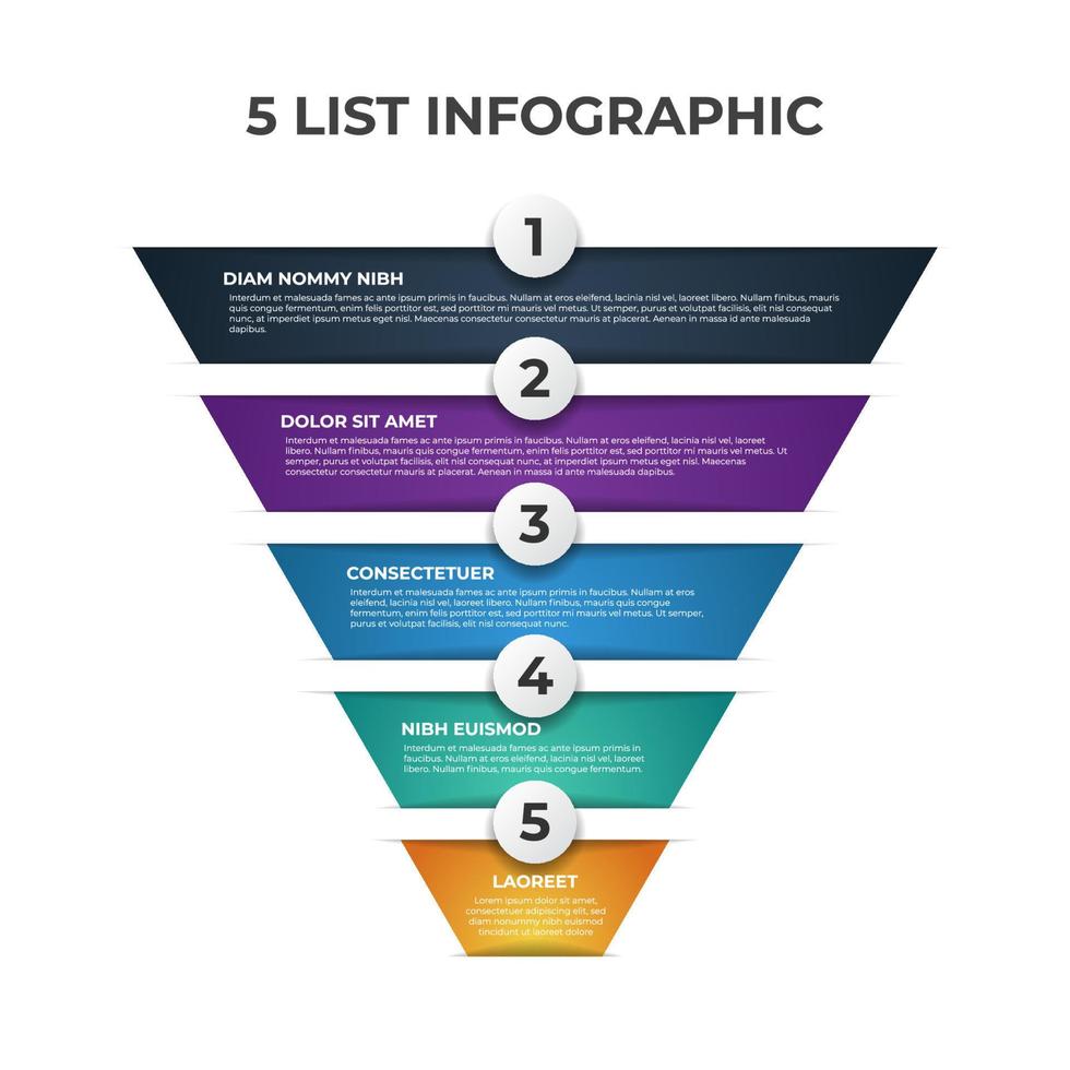 pirámide o embudo con 5 niveles, lista, plantilla de diseño para presentación, publicación en medios sociales, banner, etc., vector de elementos infográficos.