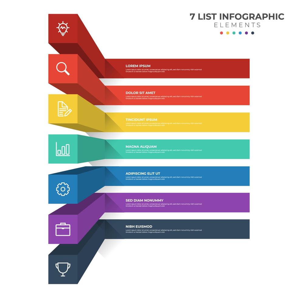 Diagrama de 7 puntos de pasos, diseño de lista 3d, vector de plantilla de elemento infográfico con iconos