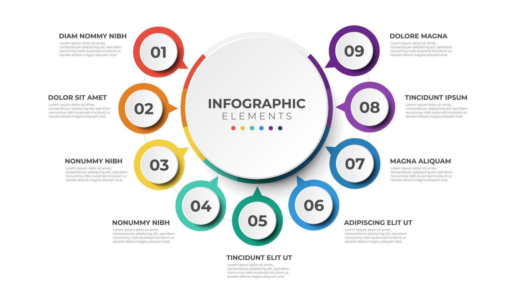 diagrama de diseño circular con 9 listas de pasos, plantilla de elemento infográfico de diagrama de diseño circular vector