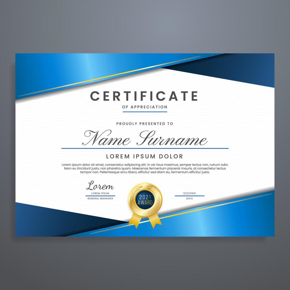 vector de plantilla de diseño de certificado azul, se puede utilizar para reconocimiento, evento, graduación, asistencia, etc.