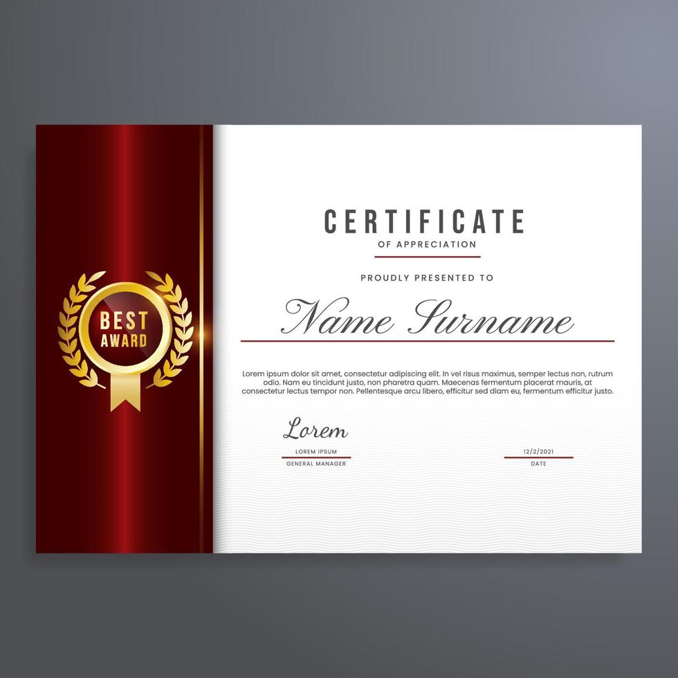 plantilla de certificado de reconocimiento con sello dorado y color rojo, diseño simple y elegante vector
