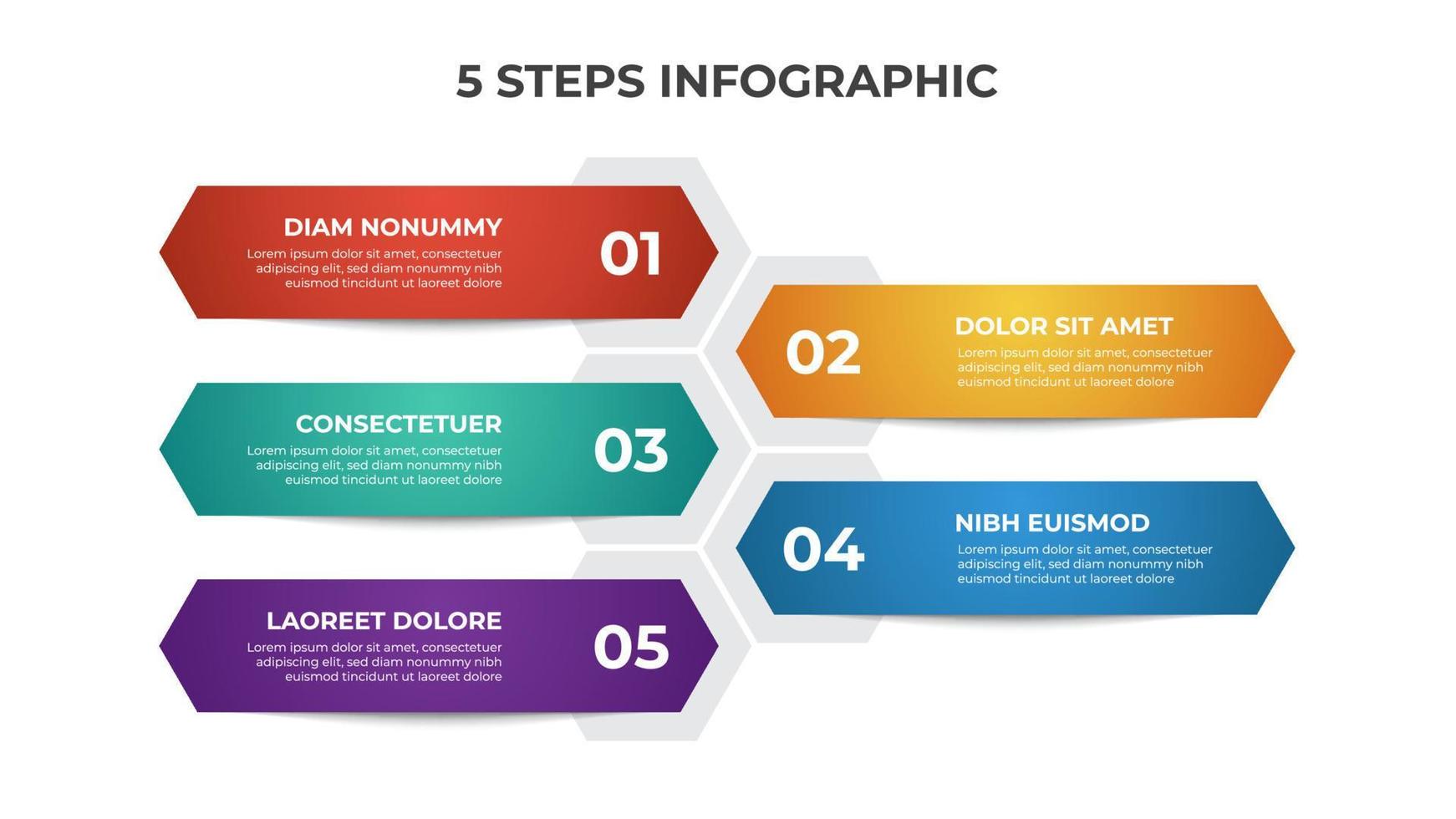 coloridos 5 puntos de pasos, con diagrama de diseño de lista hexagonal, plantilla de elemento infográfico vector