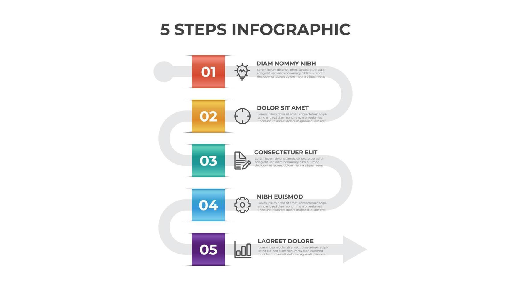 5 puntos de pasos, vector de diseño de diagrama de flujo de lista de flechas, elemento de plantilla de infografía