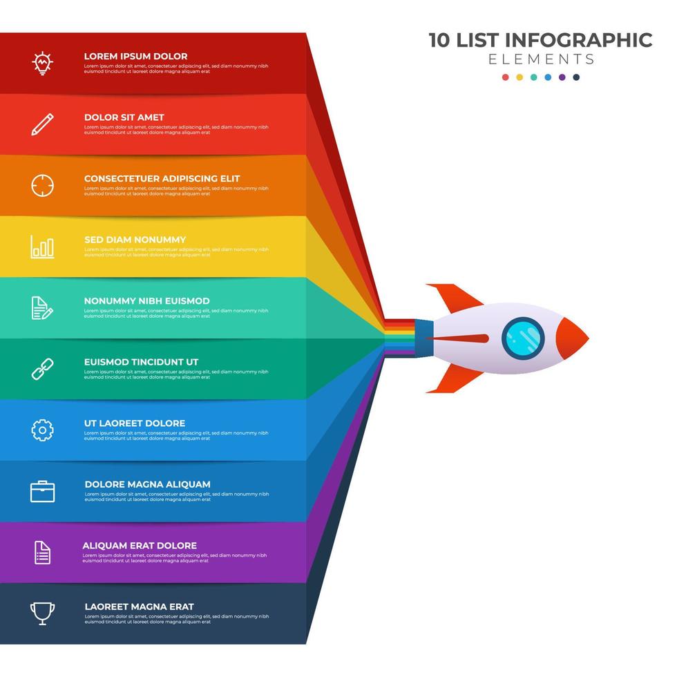 List diagram with 10 points of steps, sequence, colorful rocket launch startup, infographic element template vector. vector