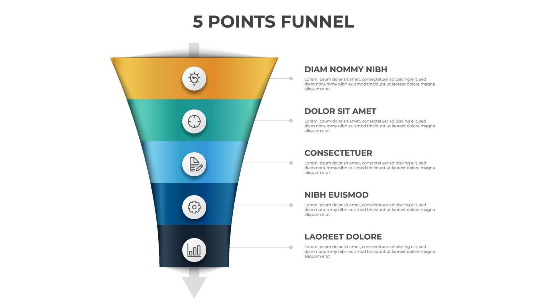 diagrama de flecha de embudo con 5 puntos, opciones, lista, vector de plantilla de elemento infográfico, se puede utilizar para ventas, marketing, flujo de proceso