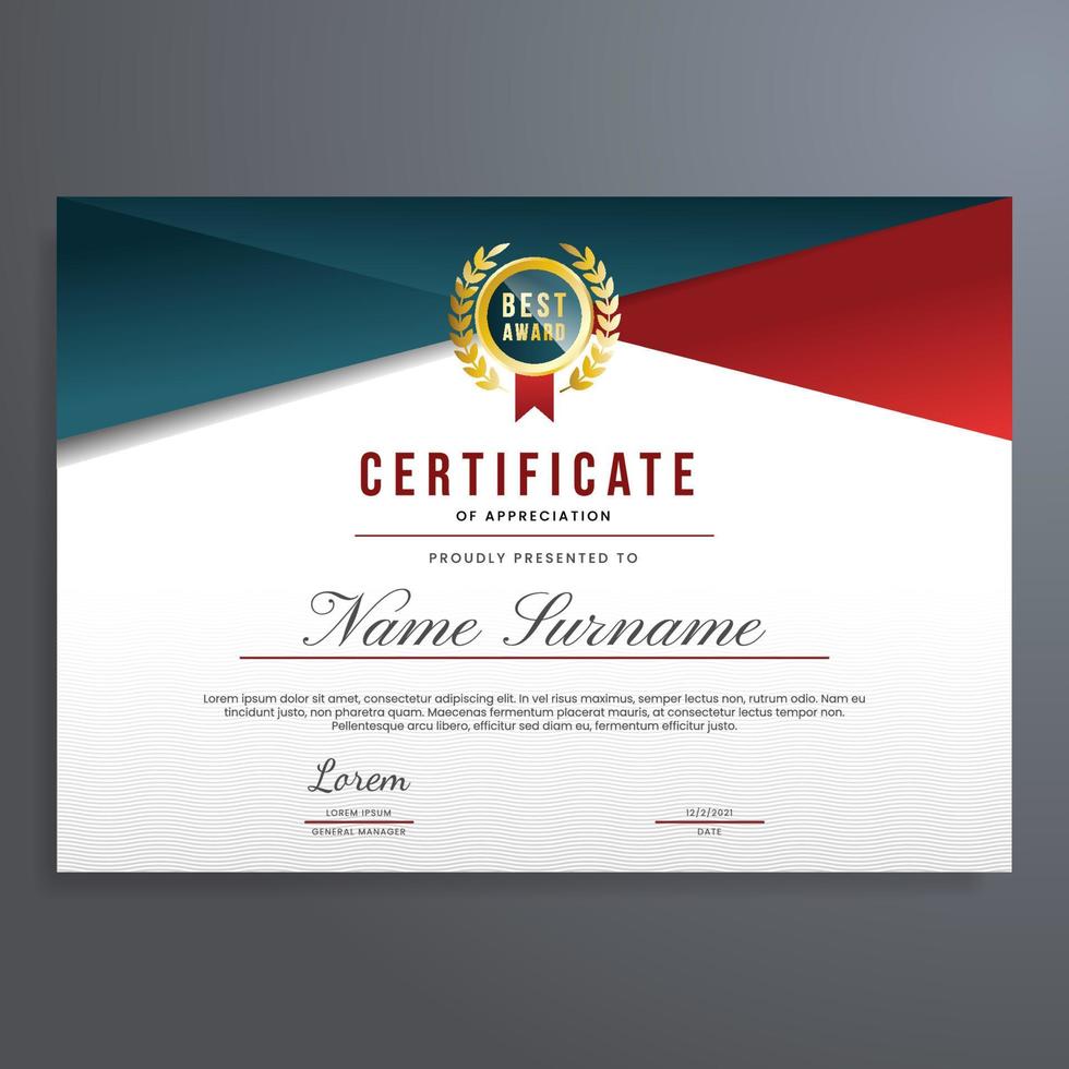 vector de plantilla de diseño de certificado, borde de certificado multipropósito con distintivo azul oscuro, rojo y dorado, se puede utilizar para reconocimiento, diploma, finalización, logro, etc.