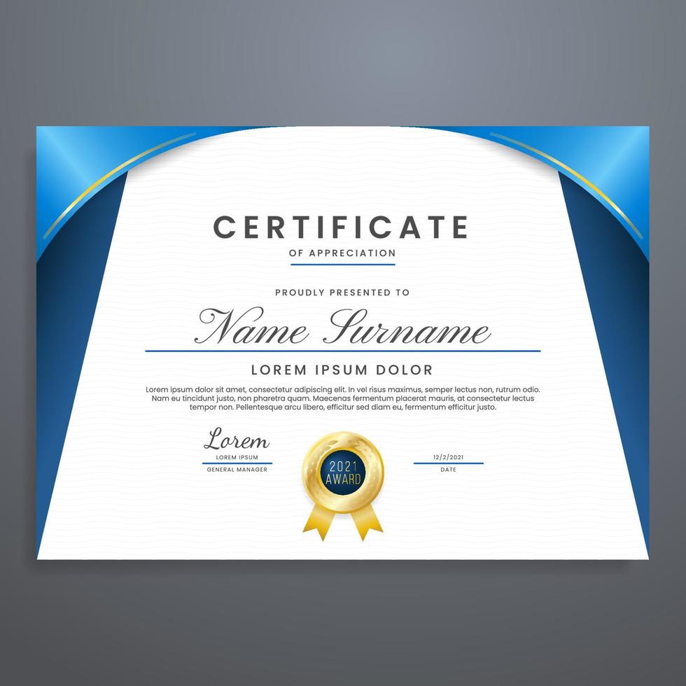 plantilla de diseño de certificado con color azul, borde de certificado multipropósito para reconocimiento, evento, graduación, asistencia, etc. vector