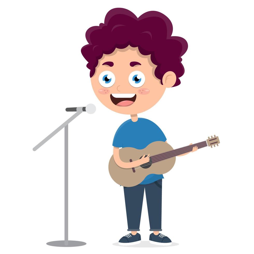 happy young boy playing acoustic guitar and singing, cartoon vector illustration on white background