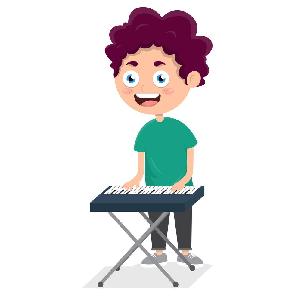 little boy playing piano, young pianist on performance, cartoon vector illustration on white background