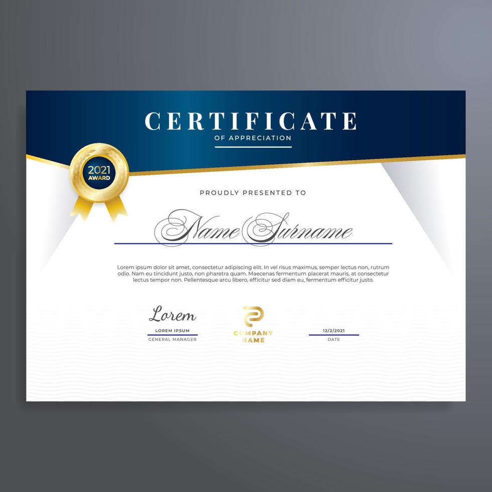 Multipurpose certificate template with gold and blue color, simple and elegant design vector