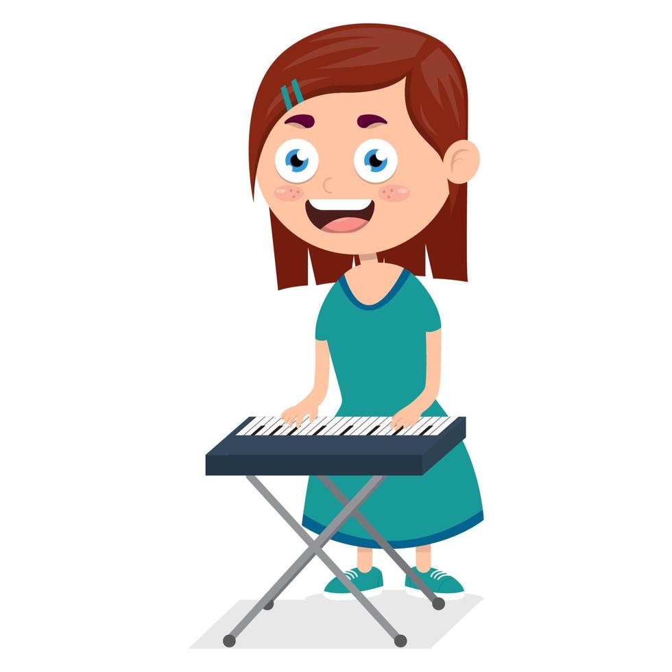 niña pequeña tocando el piano, joven pianista en el rendimiento, ilustración vectorial de dibujos animados sobre fondo blanco vector
