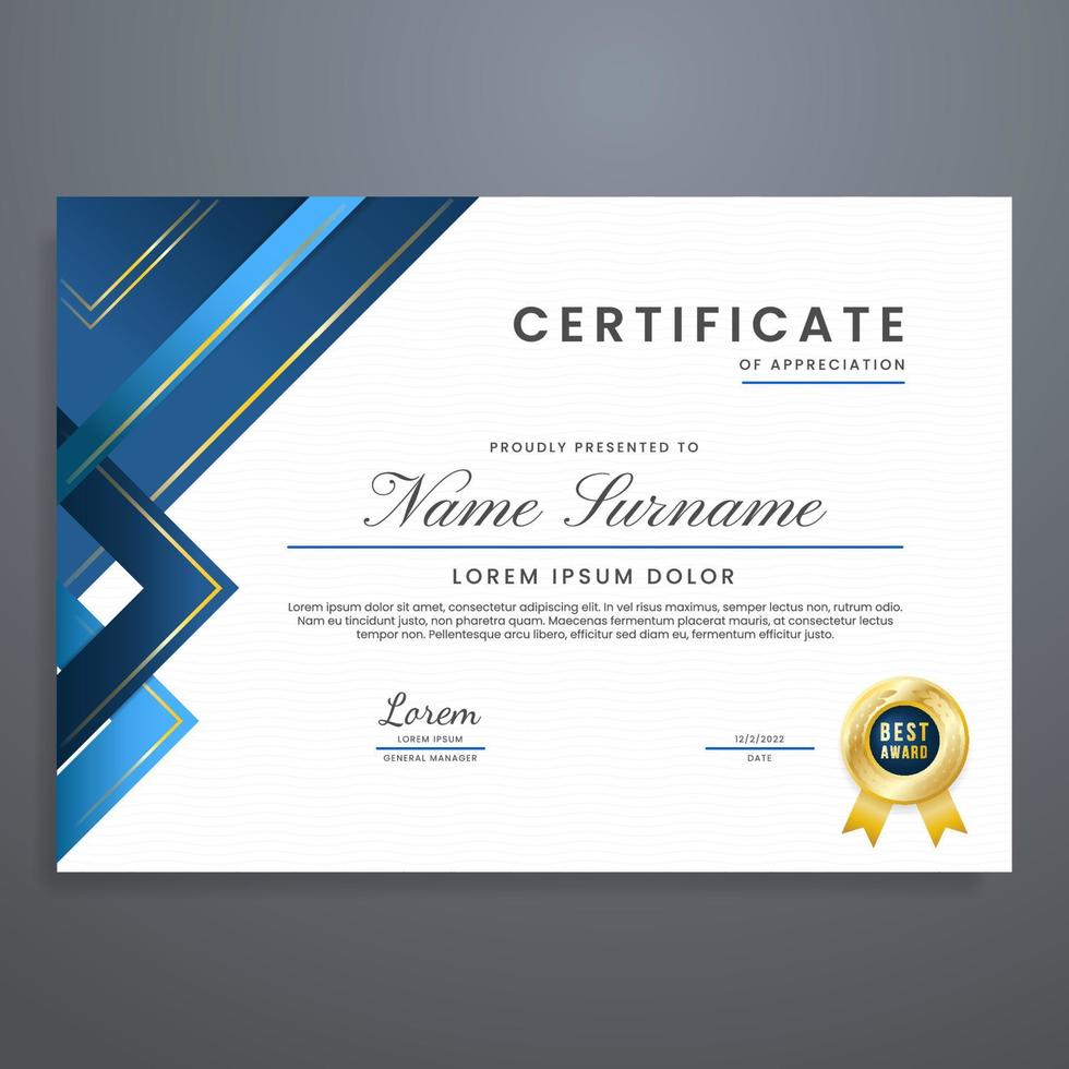 multipurpose certificate template vector with gold badge, blue and gold certificate border frame vector