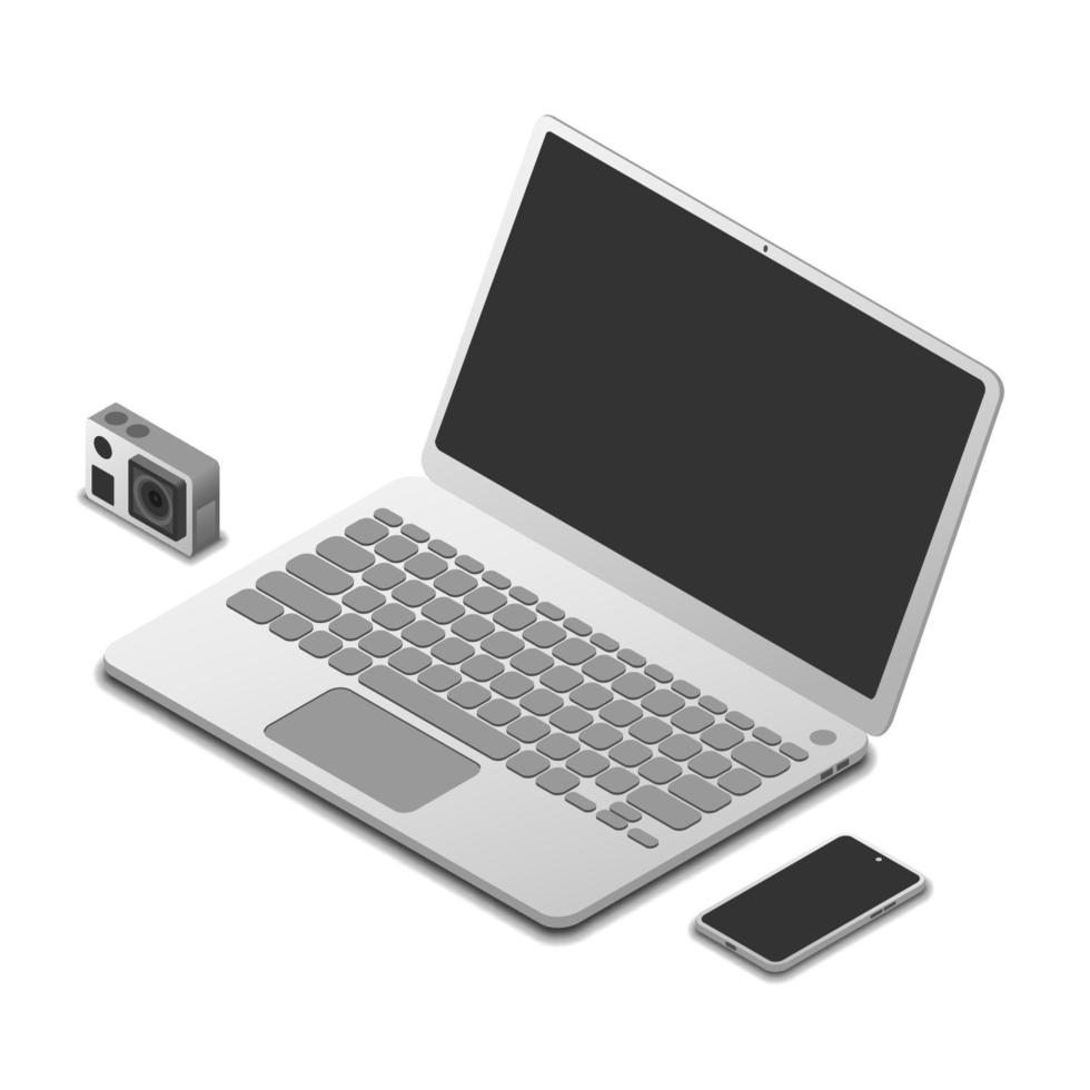 conjunto de computadora portátil, cámara de acción y teléfono inteligente en vista isométrica, ilustración vectorial aislada en fondo blanco vector