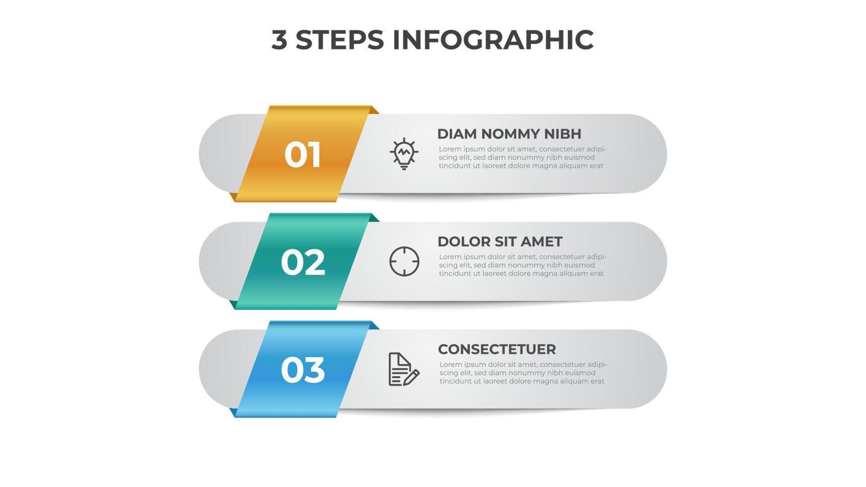 Diagrama de 3 puntos de pasos, diseño de lista vertical, vector de plantilla infográfica.