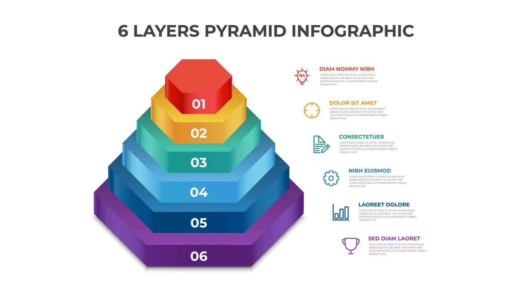 vector de elemento infográfico piramidal con diagrama de 6 capas, plantilla de diseño para presentación, informe, banner, etc.