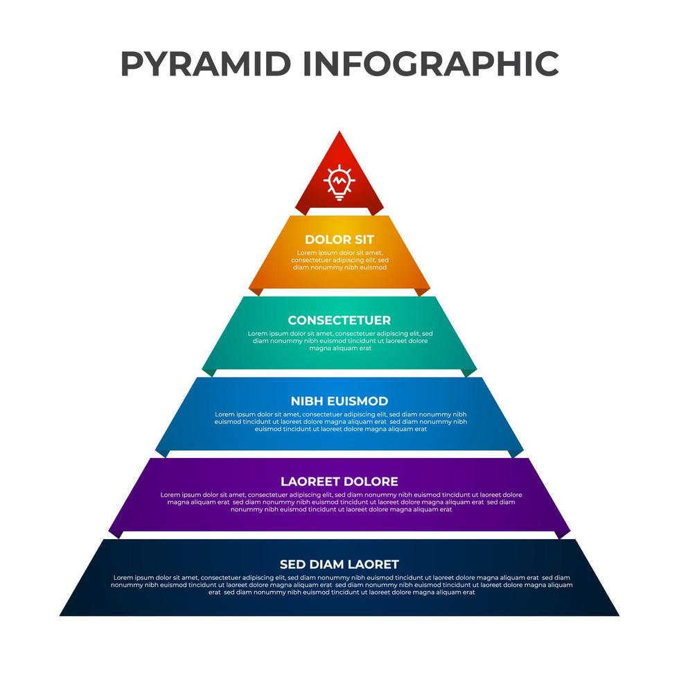 Pyramid list infographic element template with 5 point, bullet, triangle shape, row diagram with level for presentation, etc vector