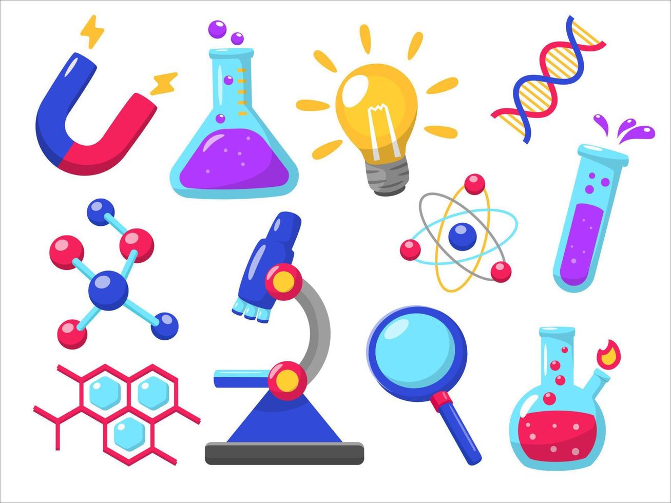 conjunto de ilustración de vector de elementos de ciencia con diseño lindo aislado sobre fondo blanco