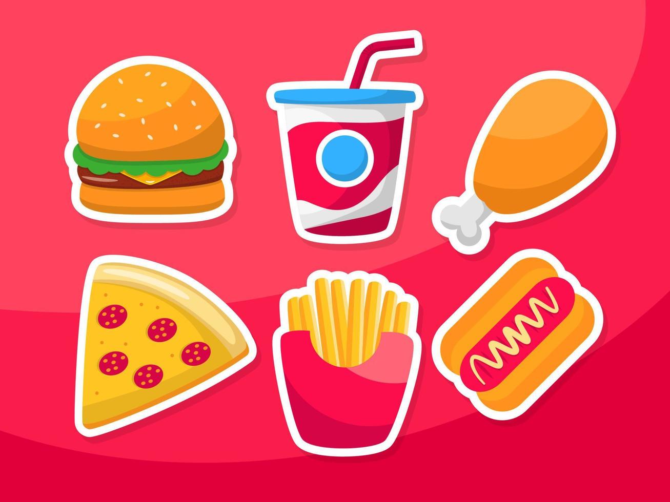 Set of fast food vector illustration with cute design isolated on red background