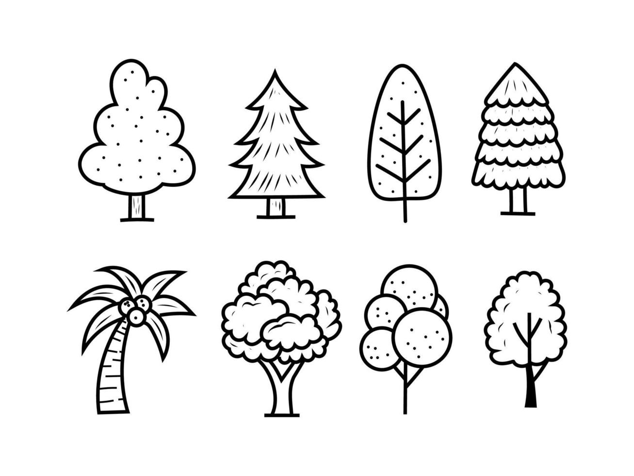 conjunto de ilustraciones de vectores de árboles con un lindo estilo dibujado a mano aislado en fondo blanco. árbol, garabato, ilustración