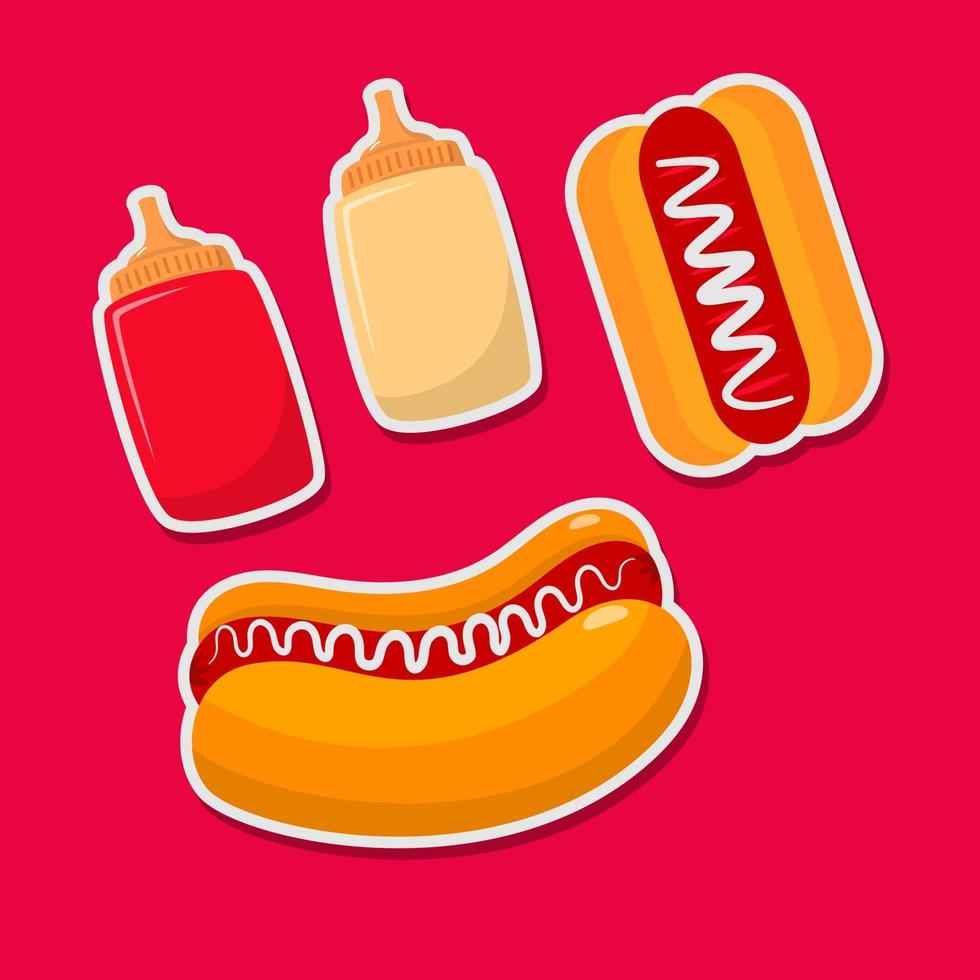Hot dog vector illustration with a cute design on red background