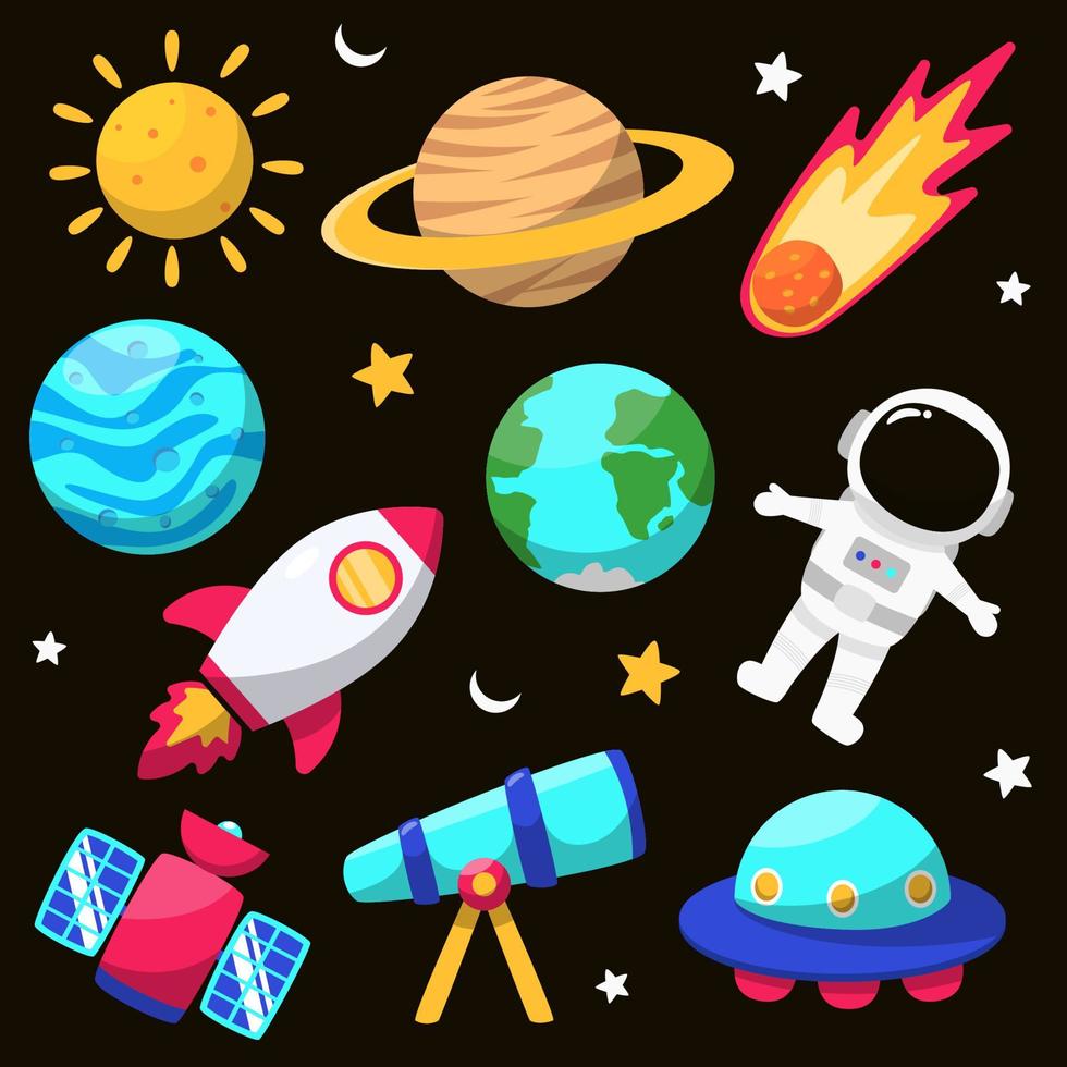 Set of astronomy and space vector elements with cute and colorful design isolated on black background. Colorful space doodle illustration