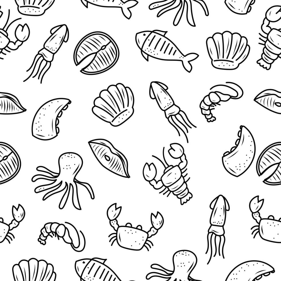 Seafood seamless doodle pattern with black and white color. Set of  seafood doodle illustrations vector