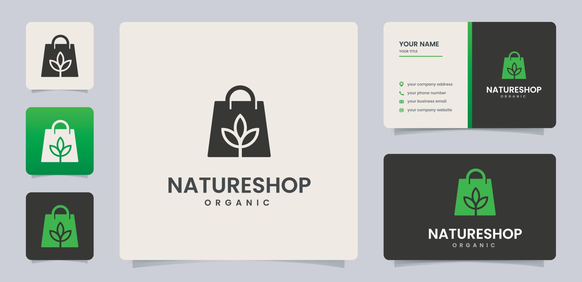 logotipo de la tienda de naturaleza con bolsa de papel y plantilla de tarjeta de visita vector