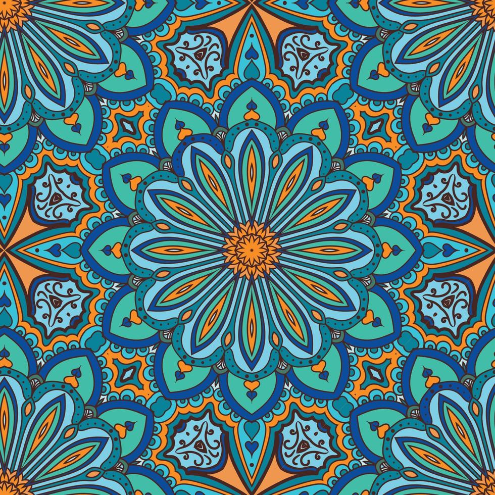 Retro Mandala Seamless Pattern in Blue and Yellow vector