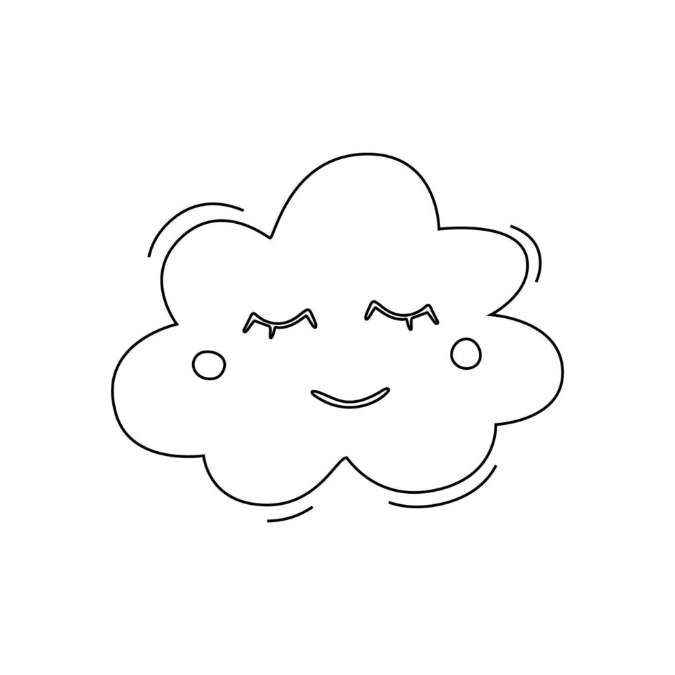 linda nube. dibujo de contorno de una nube con cara y pestañas cerradas vector