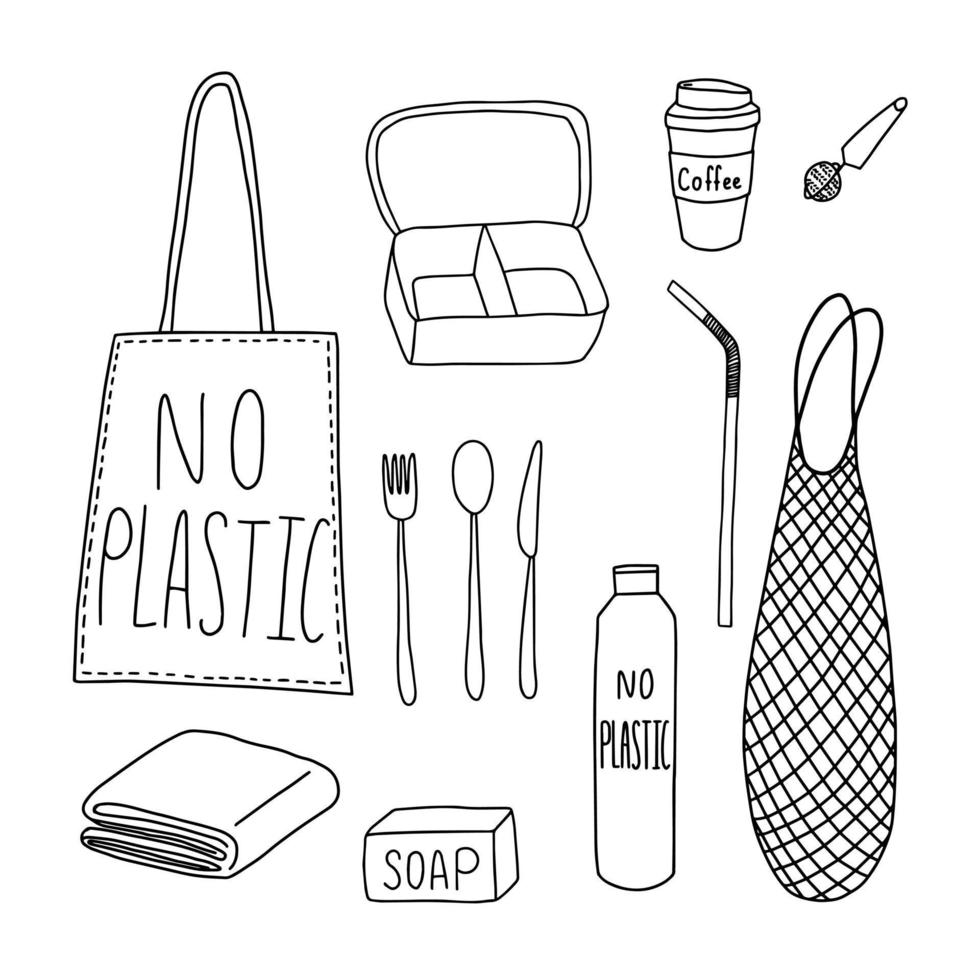 Doodle zero waste reusable set. Hand drawn no plastic eco things isolated. vector