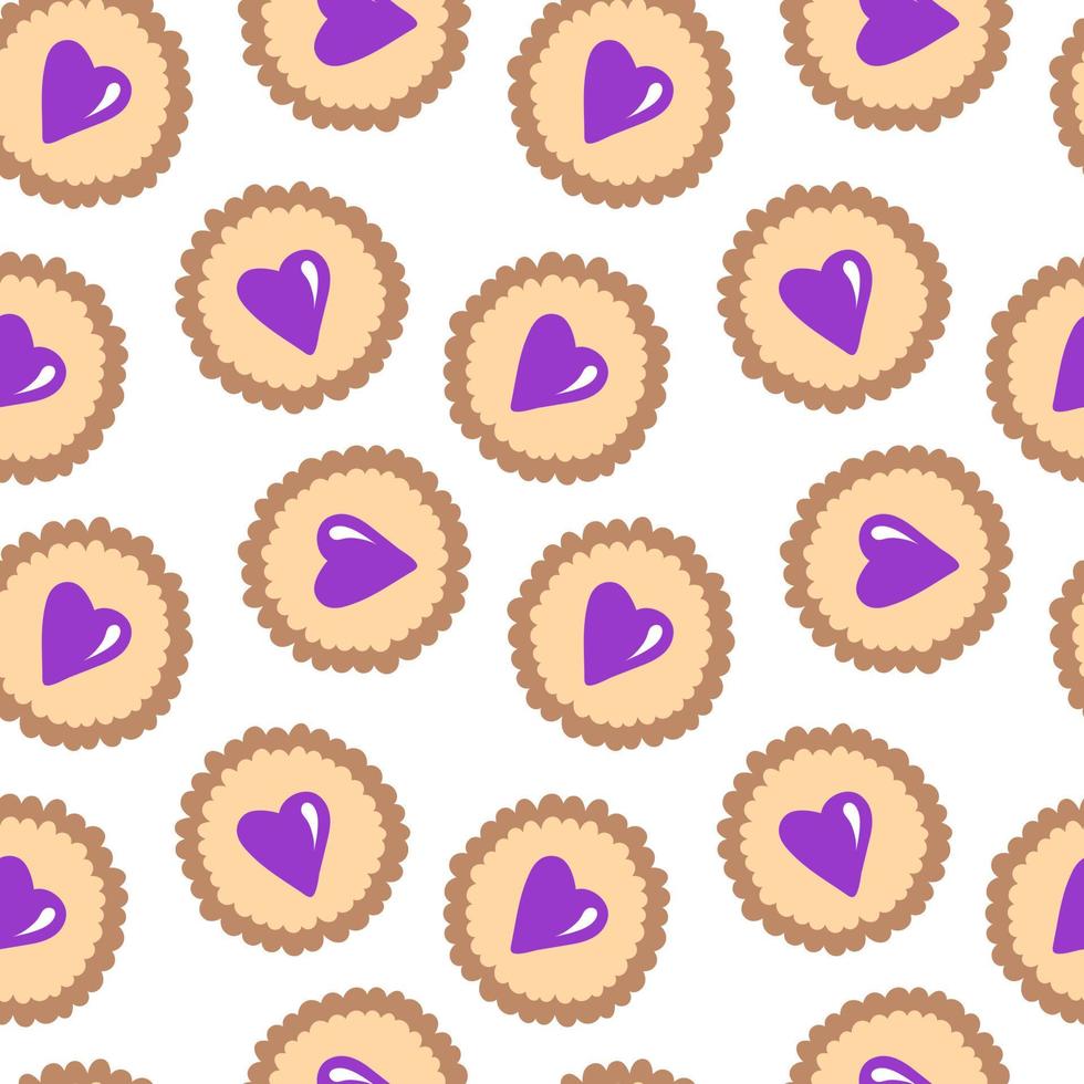 Vector purple coloured cookies. Hand drawn cartoon cookie heart shape. Vector seamless pattern. For greeting cards, wrapping paper, Valentines day, love decoration, wedding decor.