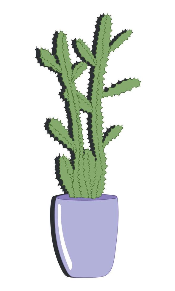 Vector doodle illustration. Green cactus in purple pot isolated on white background. Cartoon flat style. For decoration, stickers.