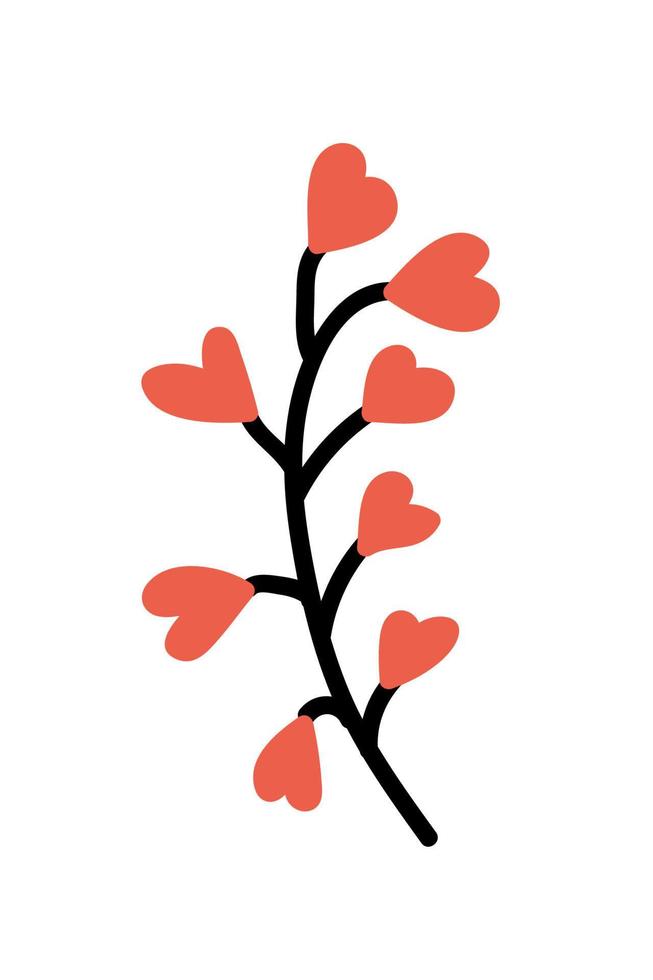 Heart flower vector branch illustration. Hand drawn Valentine's Day plant. Lovely red flower branch isolated on white background. Vector stock illustration.