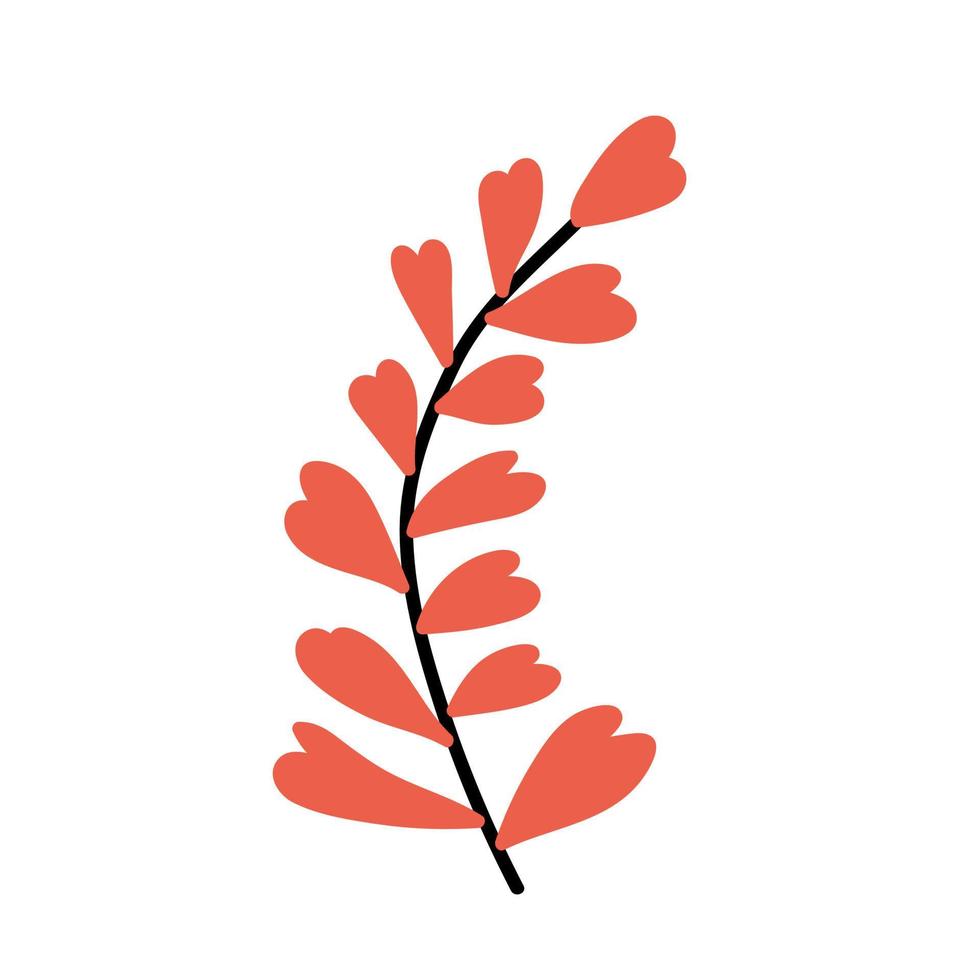 Heart flower vector branch illustration. Hand drawn Valentine's Day plant. Lovely red flower branch isolated on white background. Vector stock illustration.