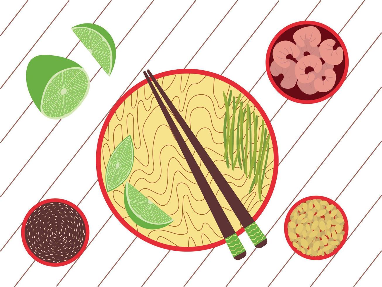 Vector pad Thai noodles flat style illustration. Hand drawn pad thai top table view dish