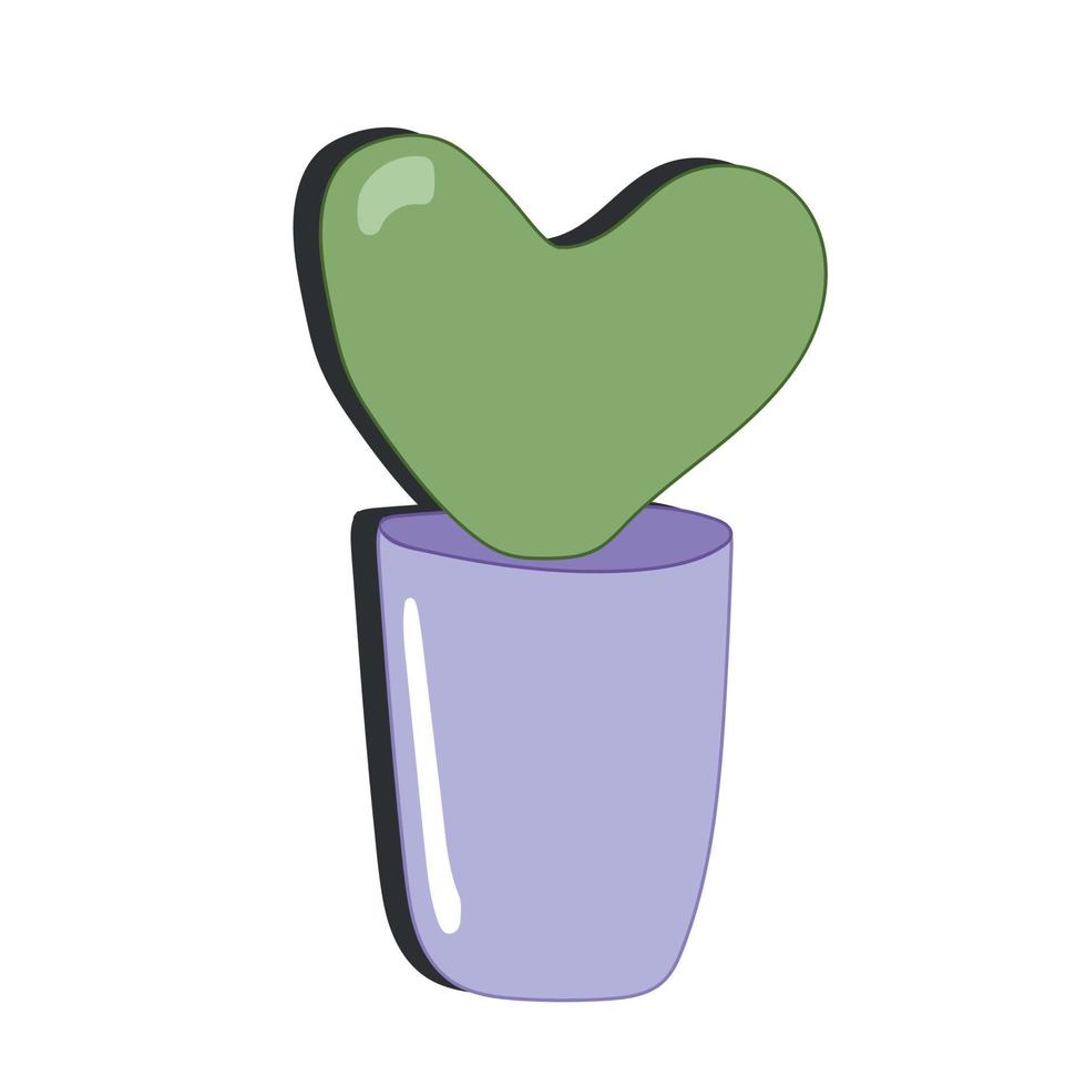 Vector doodle illustration. Green heart cactus in purple pot isolated on white background. Cartoon flat style.