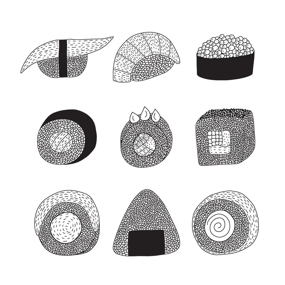 Hand drawn vector sushi and sashimi set. Different kinds of sushia and rolls with fish set. Asian food, Japanese and Chinese traditional food
