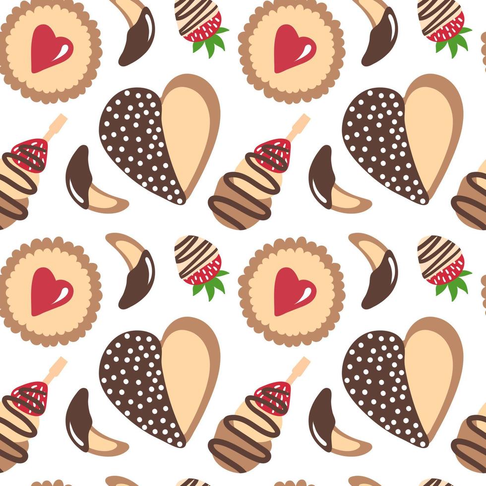 Tasty vector seamless pattern with different cookies. Sweet canapes, chocolate cookie, heart cookie, cherry in chocolate isolated. Vector seamless pattern with desserts.