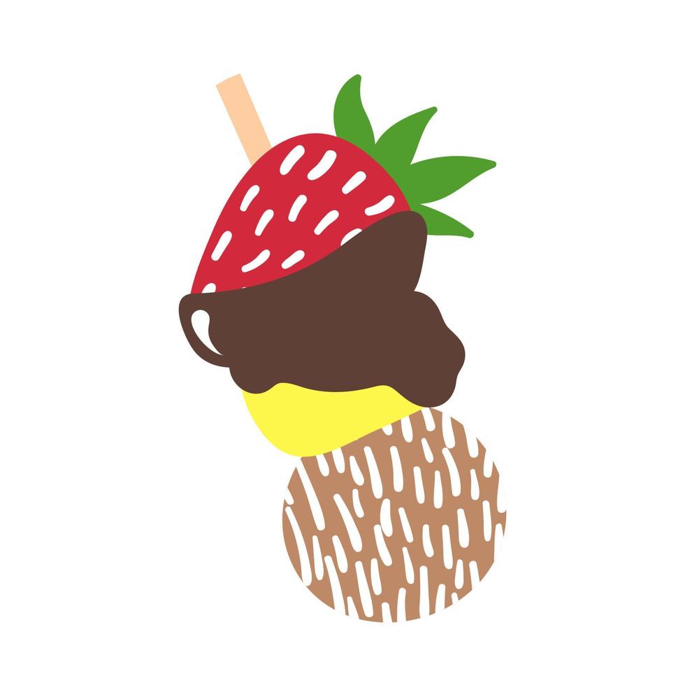 Canape with strawberry in chocolate, banana slice and candy. vector