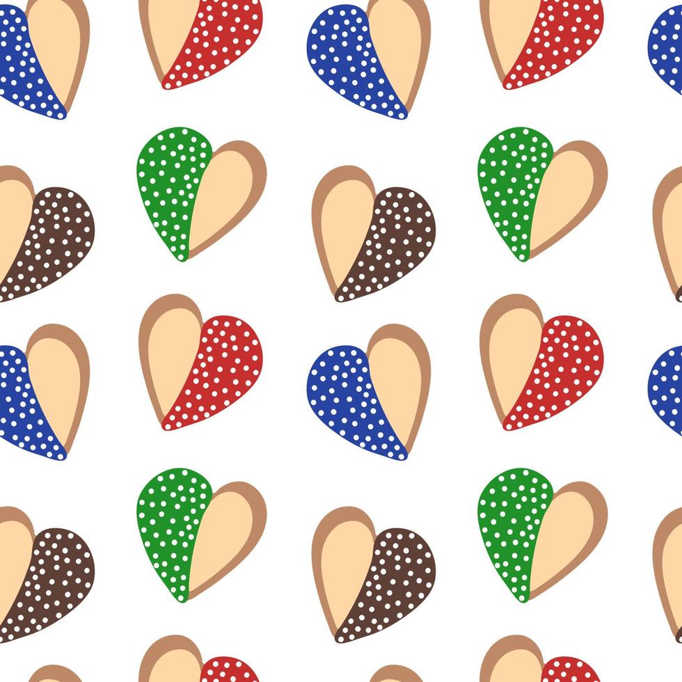 Vector coloured cookies. Hand drawn cartoon cookie heart shape. Vector seamless pattern. For greeting cards, wrapping paper, Valentines day, love decoration, wedding decor.