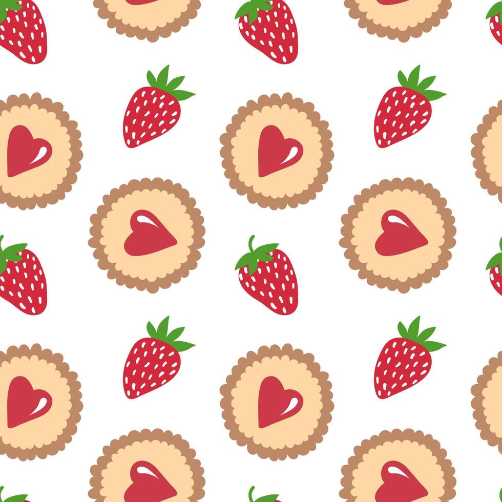 Strawberry and heart cookie seamless pattern. Vector hand drawn background.