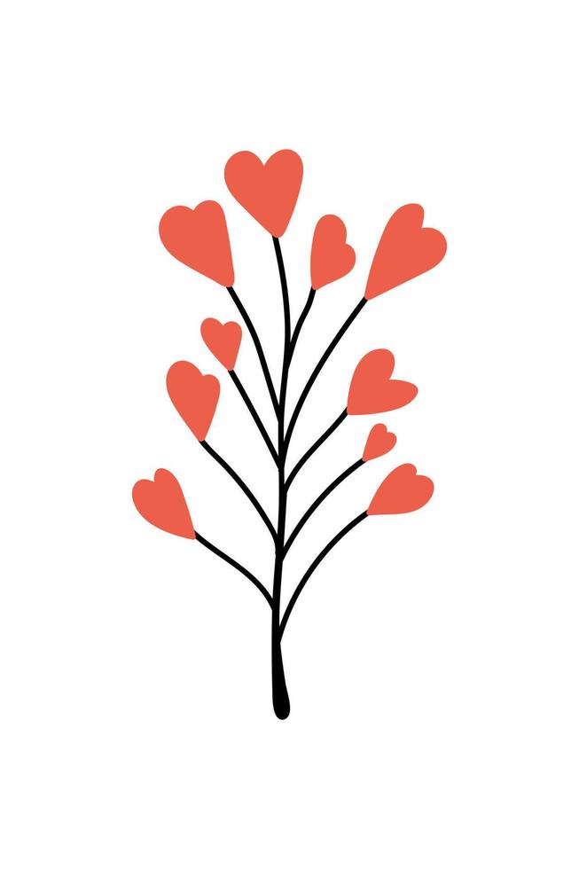 Heart flower vector branch illustration. Hand drawn Valentine's Day plant. Lovely red flower branch isolated on white background. Vector stock illustration.