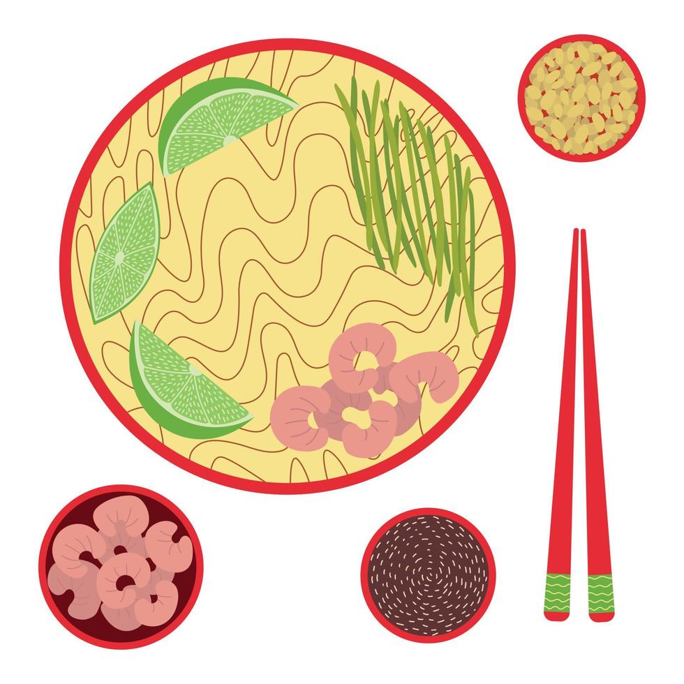Vector pad Thai noodles flat style illustration. Hand drawn pad thai top table view dish