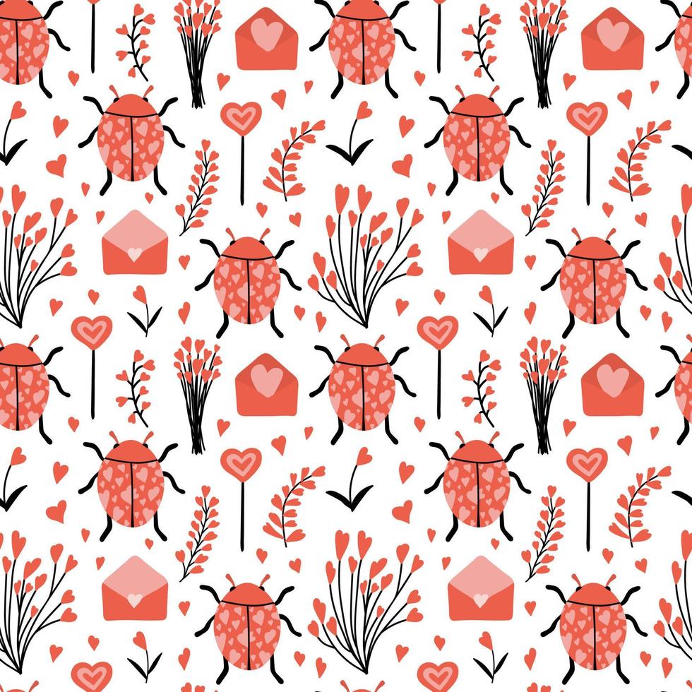 Valentine elements seamless pattern. Lovely objects isolated on white background. Ladybird, flowers, lollypops, envelopes, hearts. Design for home decor, textile, kitchen decor, wrapping paper, cards. vector